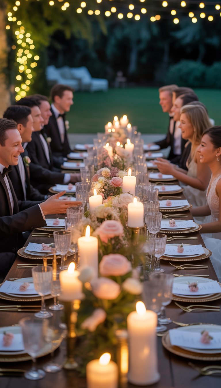 An outdoor wedding dinner party with guests seated at a long table decorated with candles and flowers, creating a warm and intimate atmosphere.